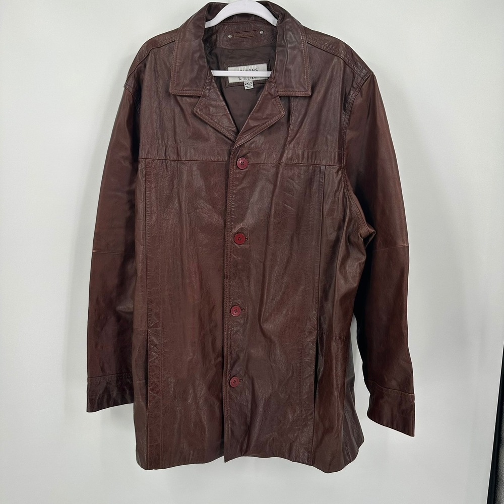 Wilsons Leather Mens Vintage Brown Leather Car Coat Jacket Size 2XLT Tall Trench